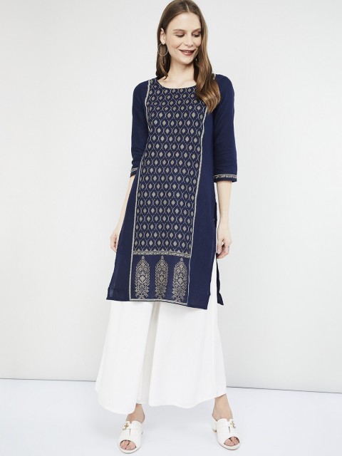 

max Women Navy Blue Printed Straight Kurta