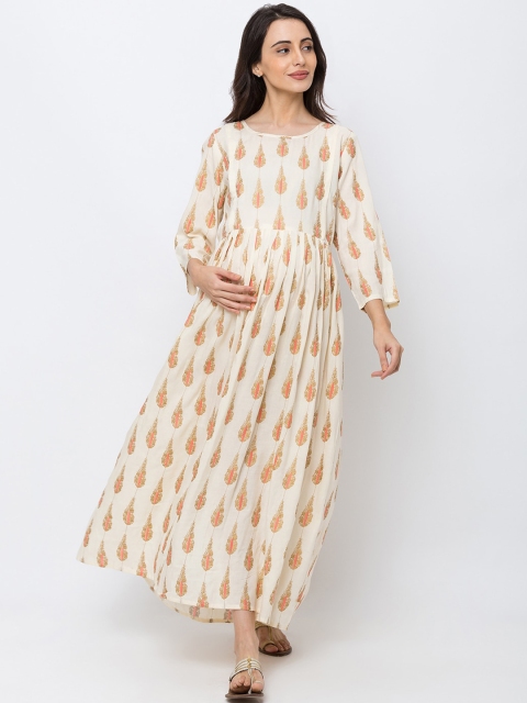 MomToBe Women Cream-Coloured Printed Maternity Maxi Dress