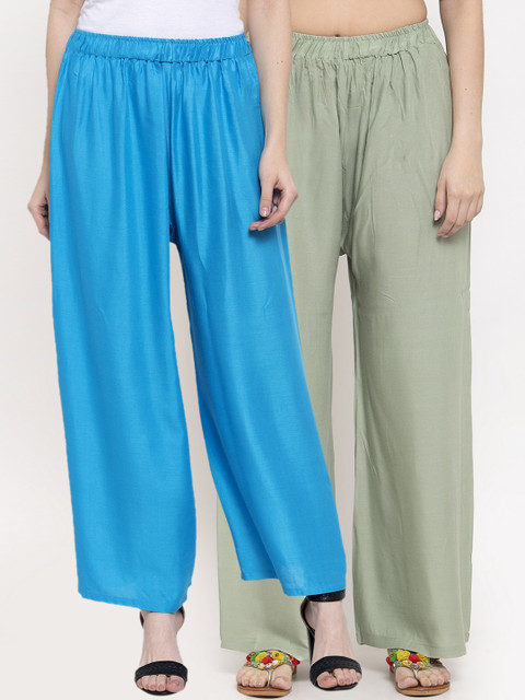 

TAG 7 Women Pack Of 2 Solid Straight Palazzos, Green