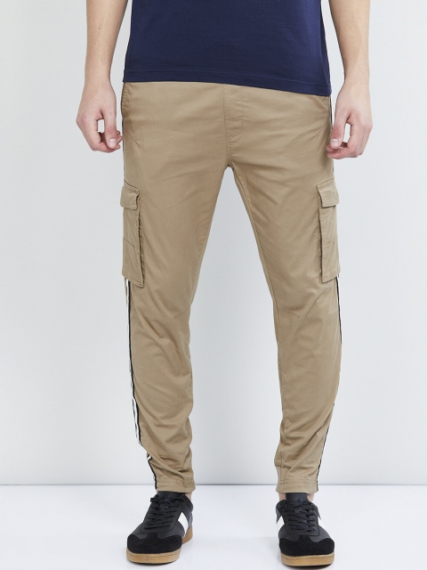 

max Men Khaki Brown Slim Fit Solid Joggers With Side Stripes
