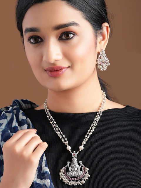 

Rubans Silver-Plated Off-White & Red Ruby Stone-Studded Pearl Embellished Temple Handcrafted Jewellery Set