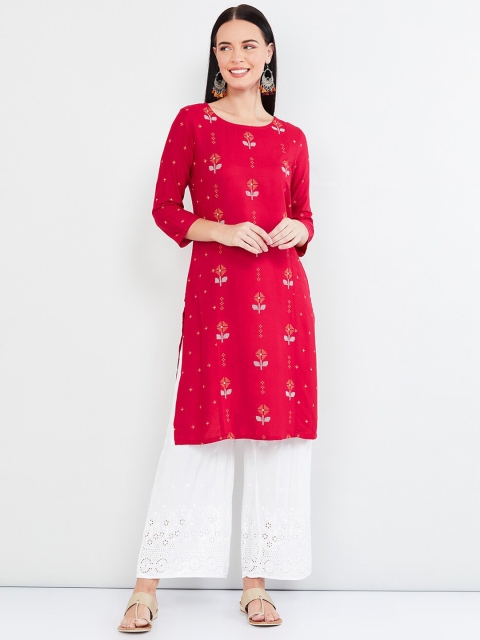 

max Women Maroon & White Floral Printed Straight Kurta