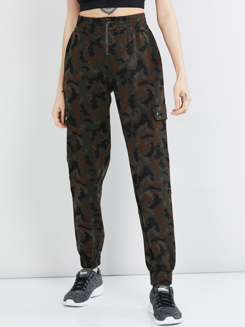 

max Women Olive Green & Black Camouflage Printed Slim-Fit Joggers