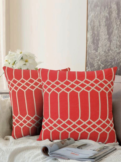 LUXENMEAD Set of 2 Red & Off-White Embroidered Square Cushion Covers