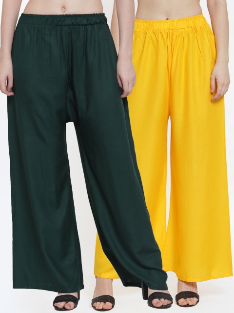 

TAG 7 Women Set Of 2 Yellow & Green Solid Wide Leg Palazzos
