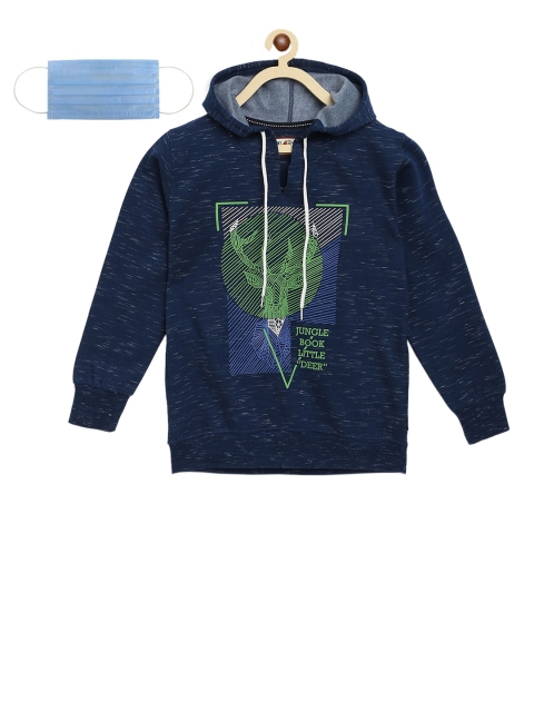 

Lil Tomatoes Boys Navy Blue & Green Printed Hooded Sweatshirt with Mask