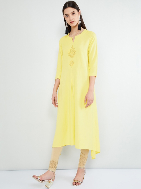 

max Women Yellow Yoke Design Straight Kurta