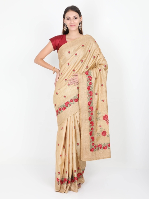 

SABOO COLLECTIONS Beige Pure Silk Embroidered Tussar Saree