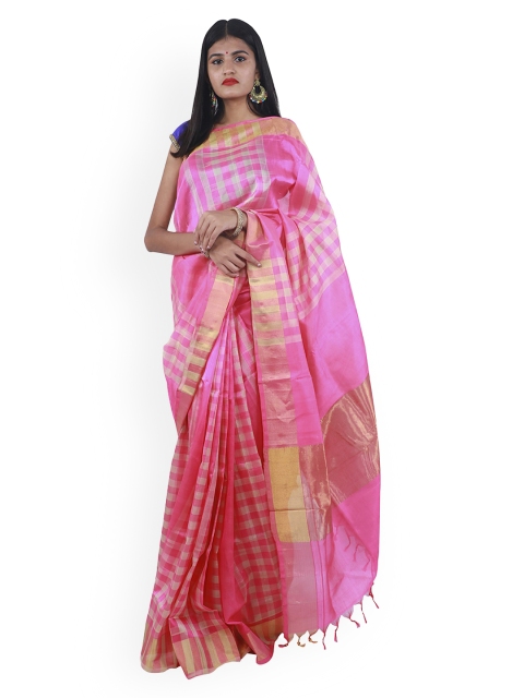 

APCO Pink & Gold-Toned Silk Cotton Checked Saree