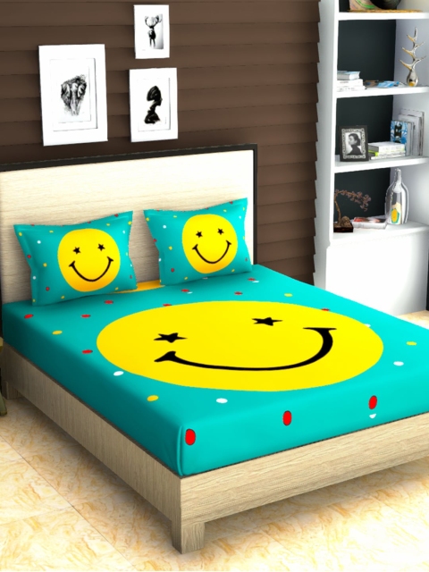 

METRO LIVING Green & Yellow Cartoon Characters 144 TC Cotton 1 Queen Bedsheet with 2 Pillow Covers