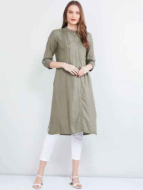 

max Women Greenish Grey Solid A-Line Kurta