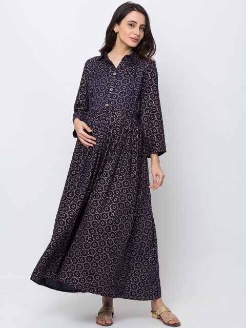 

MomToBe Women Navy Blue & Gold Printed Maternity Dress