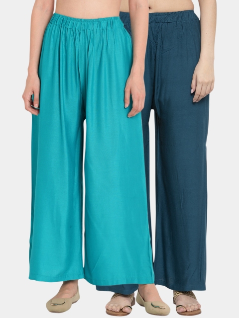 

TAG 7 Women Pack Of 2 Solid Straight Palazzos, Blue