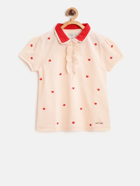 

Cherry Crumble Girls Peach-Coloured Printed Polo Collar T-shirt