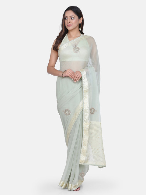 

BOMBAY SELECTIONS Green Poly Chiffon Embellished Dharmavaram Saree