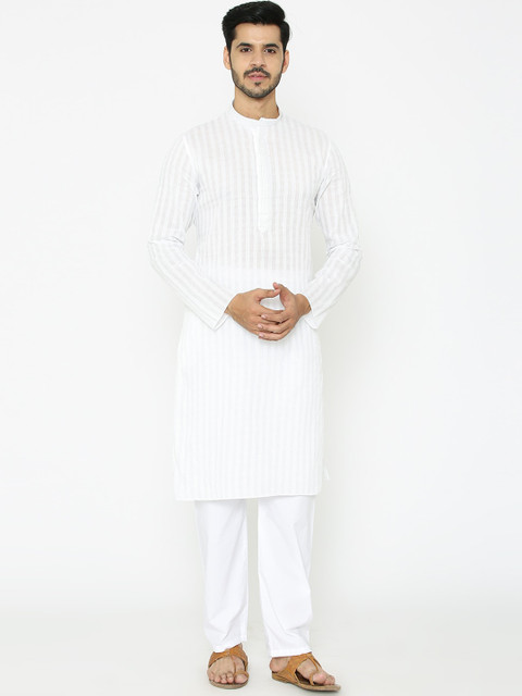 

Manyavar Men White Striped Straight Kurta