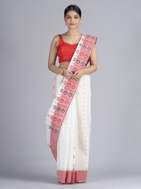 

Mitera White & Orange Pure Cotton Woven Design Taant Saree