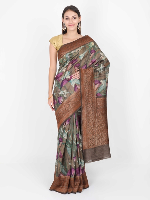 

SABOO COLLECTIONS Green & Brown Pure Silk Printed Tussar Saree