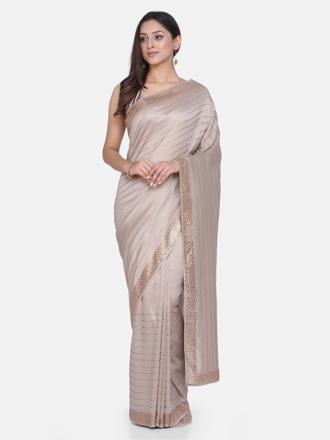 

BOMBAY SELECTIONS Grey Brasso Striped Dharmavaram Saree