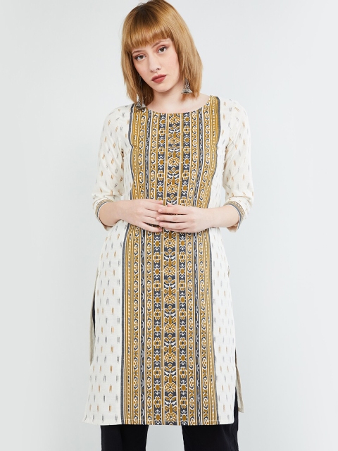 

max Women Off-White & Mustard Yellow Printed Straight Kurta