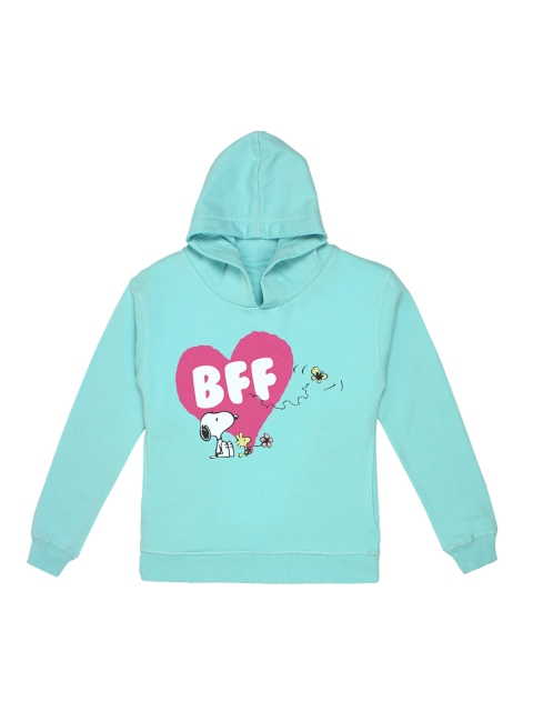 

Kids Ville Girls Turquoise Blue & Pink Peanuts Printed Hooded Sweatshirt