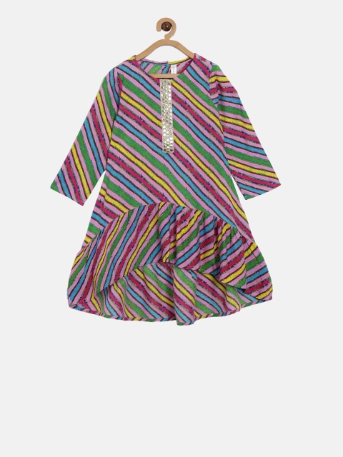 

KiddoPanti Girls Multicoloured Striped Drop-Waist Dress, Multi
