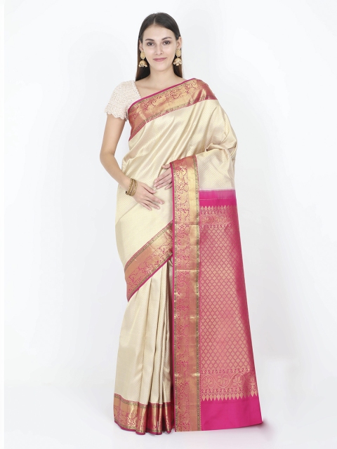 

SABOO COLLECTIONS Cream-Coloured & Pink Pure Silk Solid Kanjeevaram Saree