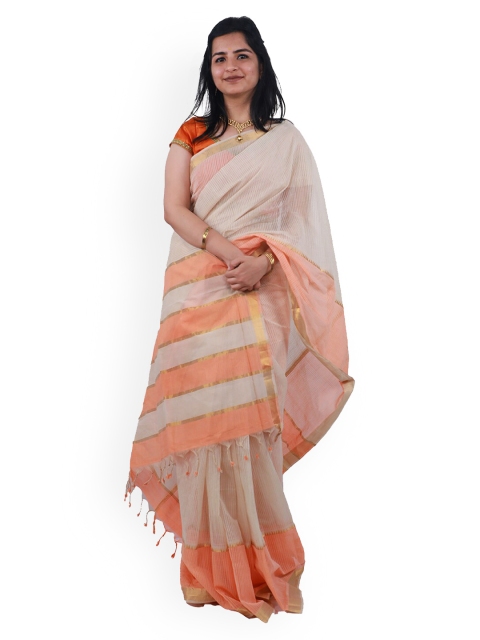 

APCO Cream-Coloured & Peach-Coloured Pure Cotton Striped Mangalagiri Saree