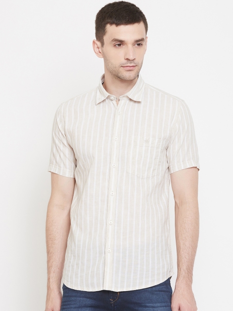 

Crimsoune Club Men Beige & Off-White Slim Fit Striped Casual Shirt