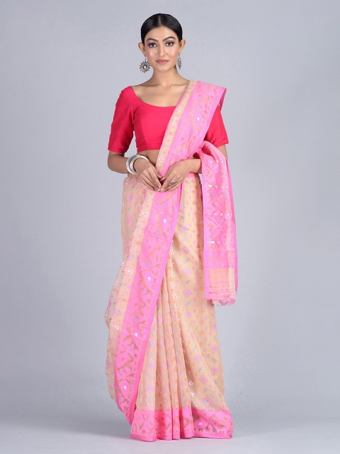

Mitera Cream-Coloured & Pink Silk Cotton Woven Design Jamdani Saree