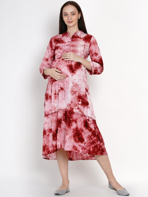 

Mine4Nine Women Pink Dyed Fit and Flare Maternity Dress