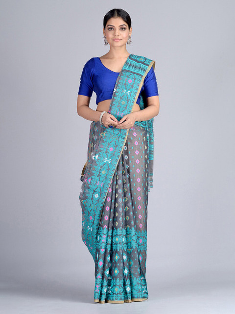 

Mitera Sea Green & Grey Silk Cotton Woven Design Jamdani Saree
