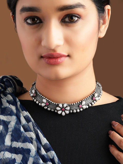 

Rubans Women Silver-Plated Handcrafted Oxidised Floral Choker Necklace