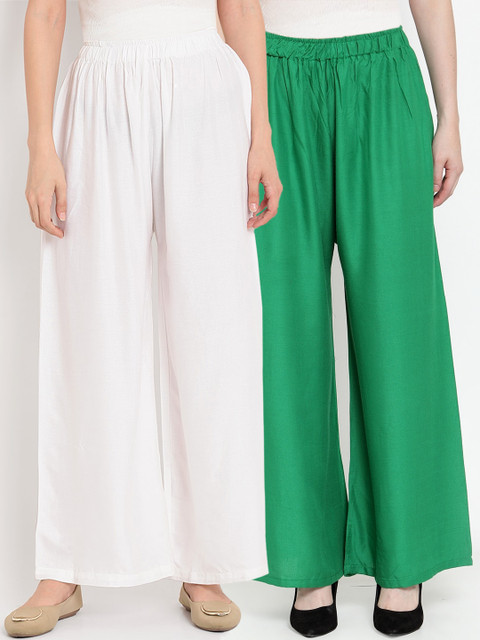 

TAG 7 Women Pack Of 2 Solid Flared Palazzos, Green