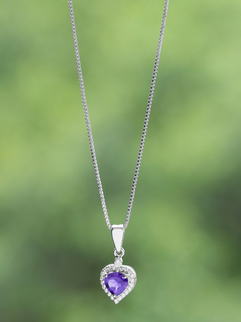 

Bigsmall 925 Sterling Silver Purple Amethyst-Studded Heart-Shaped Pendant With Chain