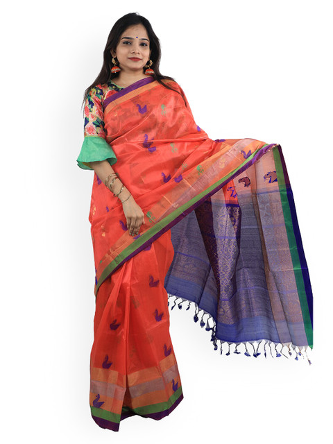 

APCO Orange & Blue Silk Cotton Printed Sustainable Saree
