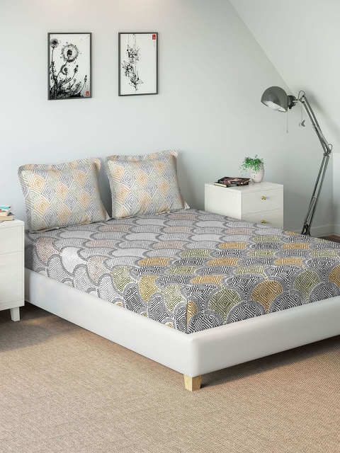 

DDecor Grey & Yellow Geometric 144 TC Cotton 1 King Bedsheet with 2 Pillow Covers