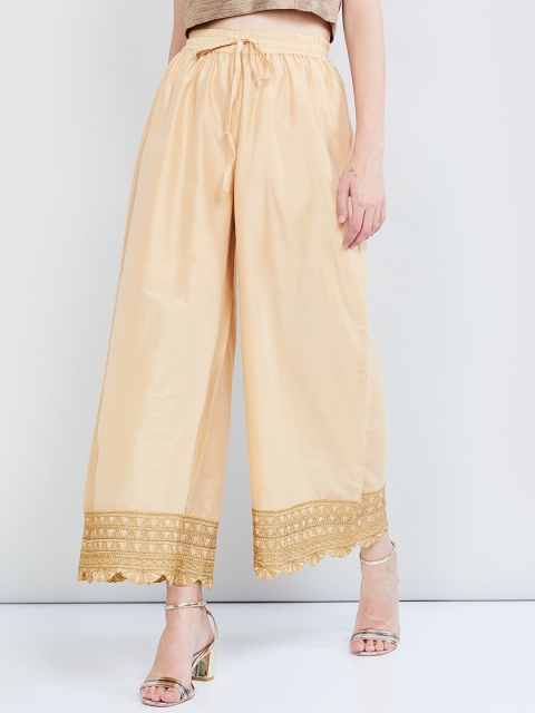max Women Beige Hem Design Wide Leg Palazzos