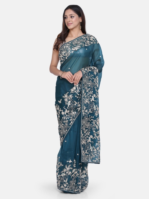 BOMBAY SELECTIONS Blue Embroidered Dharmavaram Saree