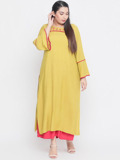 

Amydus Women Yellow Embroidered A-Line Kurta