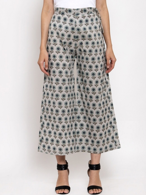 

TAG 7 Women Grey & Green Printed Wide Leg Palazzos