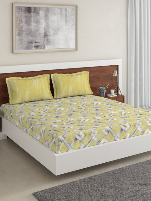 

DDecor Yellow & Off-White Geometric 150 TC Cotton 1 King Bedsheet with 2 Pillow Covers