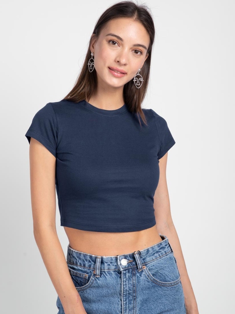 

Bewakoof Women Blue Solid Round Neck Crop T-shirt