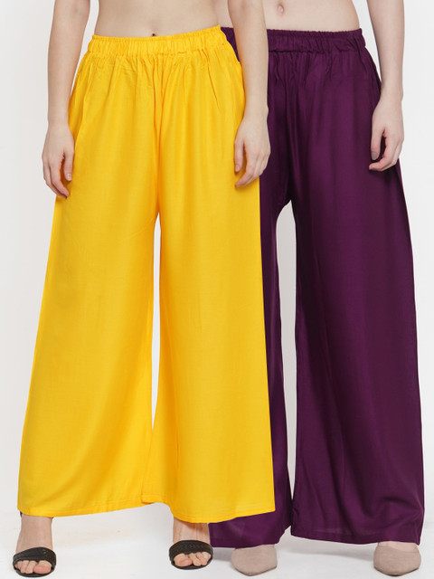 

TAG 7 Women Pack Of 2 Yellow & Purple Solid Flared Palazzos