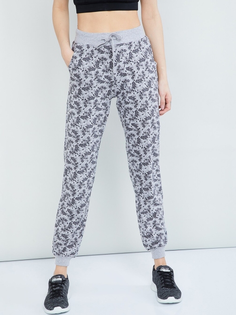 

max Women Grey Melange & Navy Blue Printed Slim-Fit Joggers