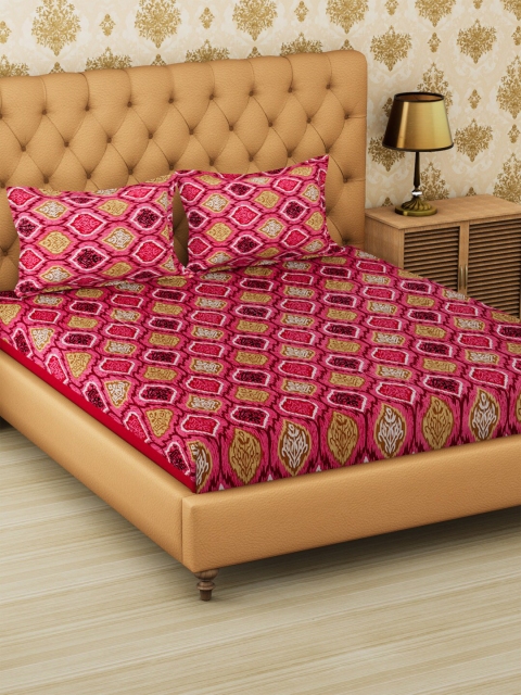 METRO LIVING Pink & Yellow Ethnic Motifs 120 TC Cotton 1 Queen Bedsheet with 2 Pillow Covers