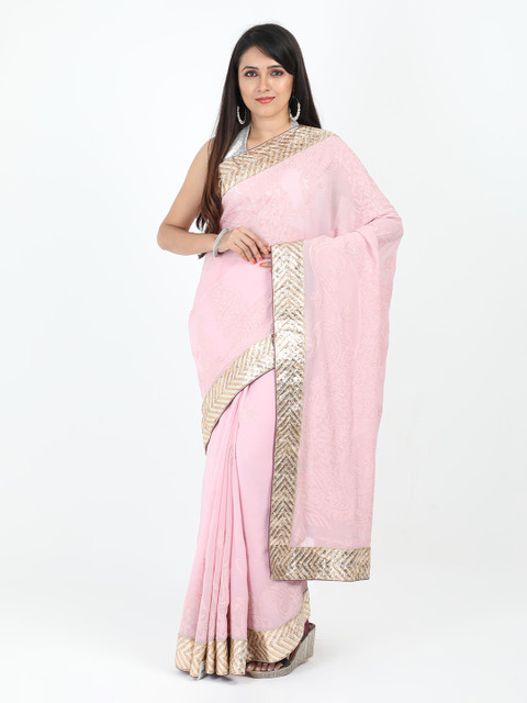 

SABOO COLLECTIONS Pink & Gold-Toned Pure Silk Printed Saree