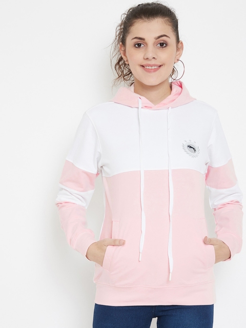

JUMP USA Women White & Pink Colourblocked Hooded Sweatshirt