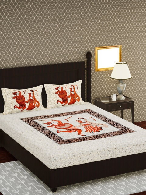 

METRO LIVING Orange & White Graphic 104 TC Cotton 1 Queen Bedsheet with 2 Pillow Covers