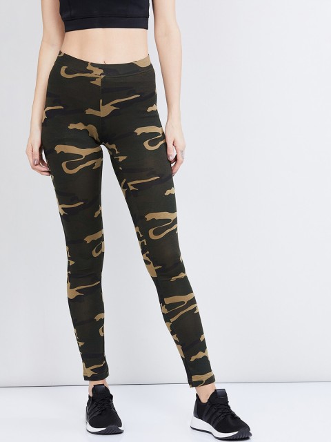 

max Women Olive Green & Brown Camouflage Print Slim-Fit Track Pants
